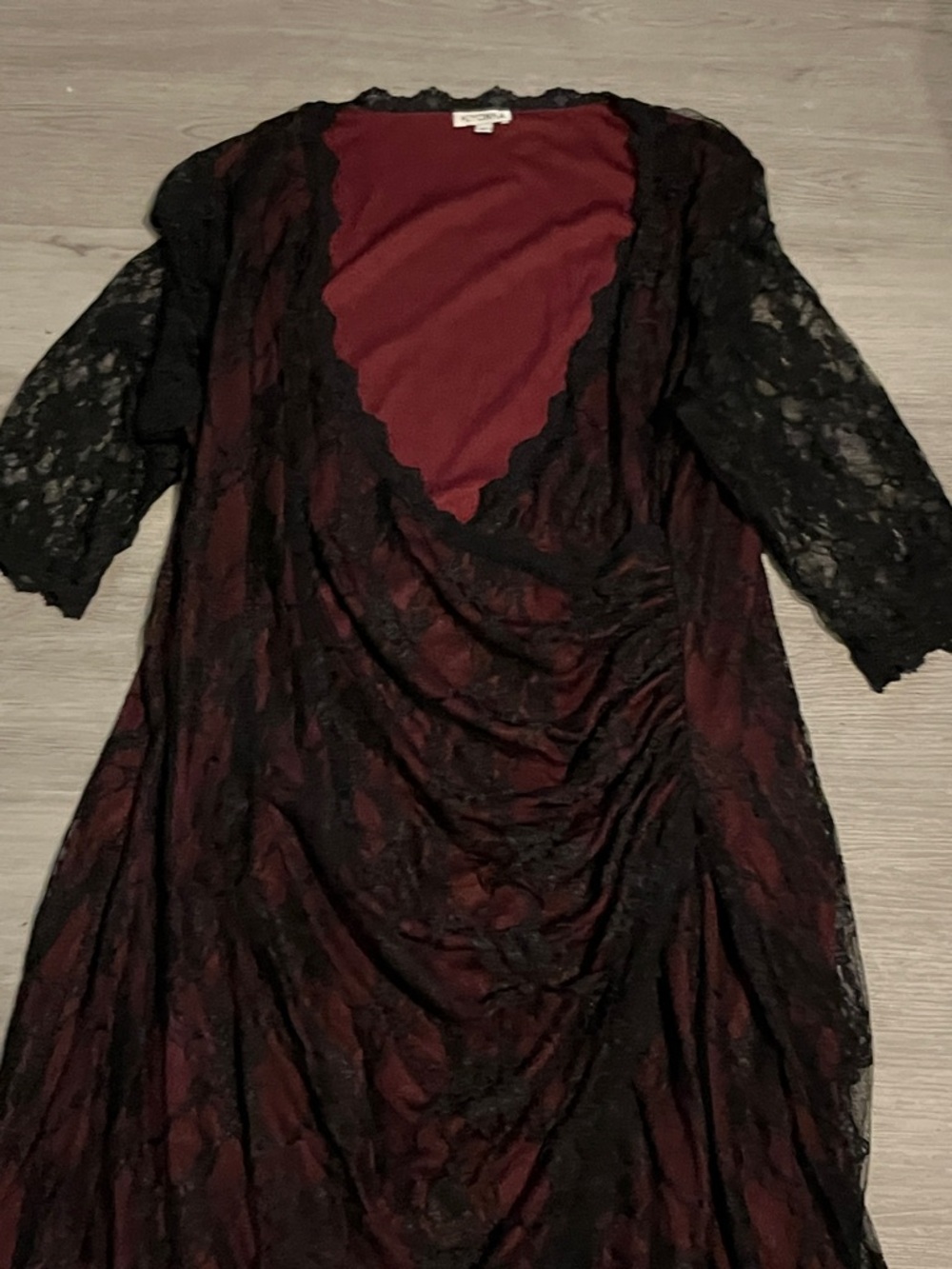 Kiyonna Burgundy Midi Dress with Black Lace Overlay - Picture 2 of 4